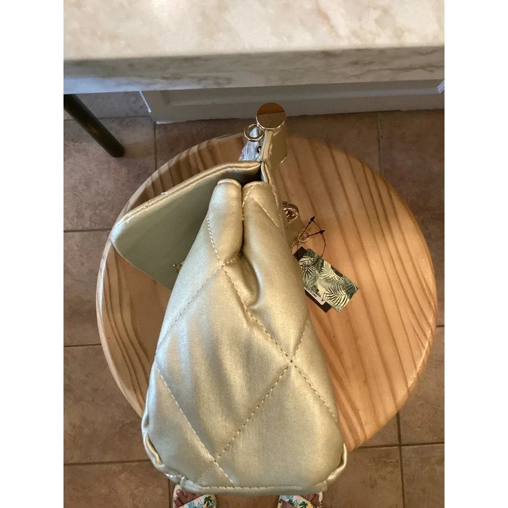 Badgley Mischka Satchel Quilted Vegan Leather Top Handle Bag Gold‎